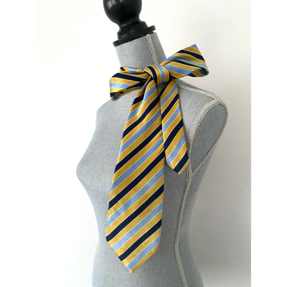 VTG Striped Yellow, Navy & Light Blue Men’s Silk Tie Preppy Bright Office Y2K